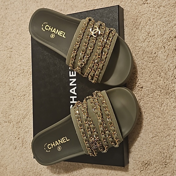 🛑CHANEL Lambskin Canvas Chain Sandals - Picture 4 of 8